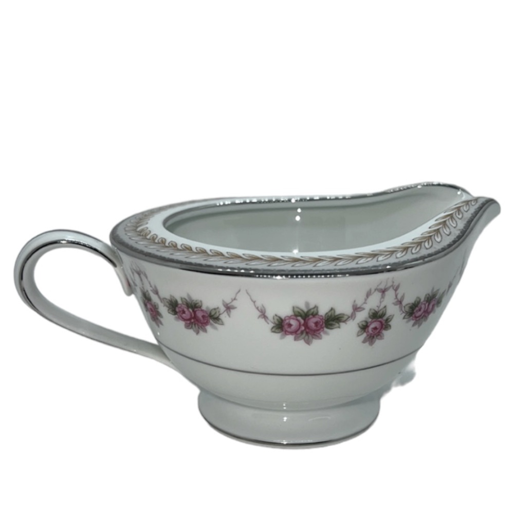 RC CHINA 1950s CREAMER w PINK ROSES, TAN LEAF LAUREL GARLAND DESIGN SILVER TRIM